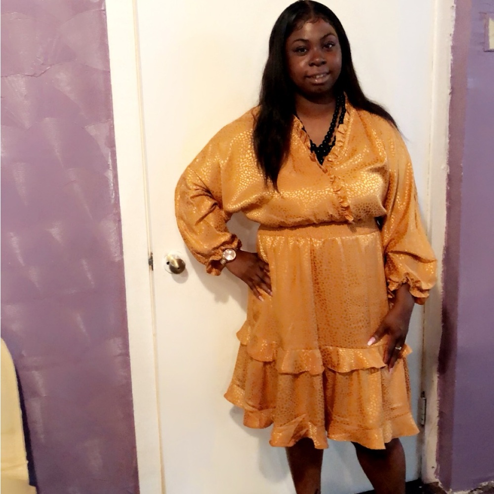 Long Sleeve Ruffled V-Neck Midi Dress in Burnt Orange - Picture 2 of 2
